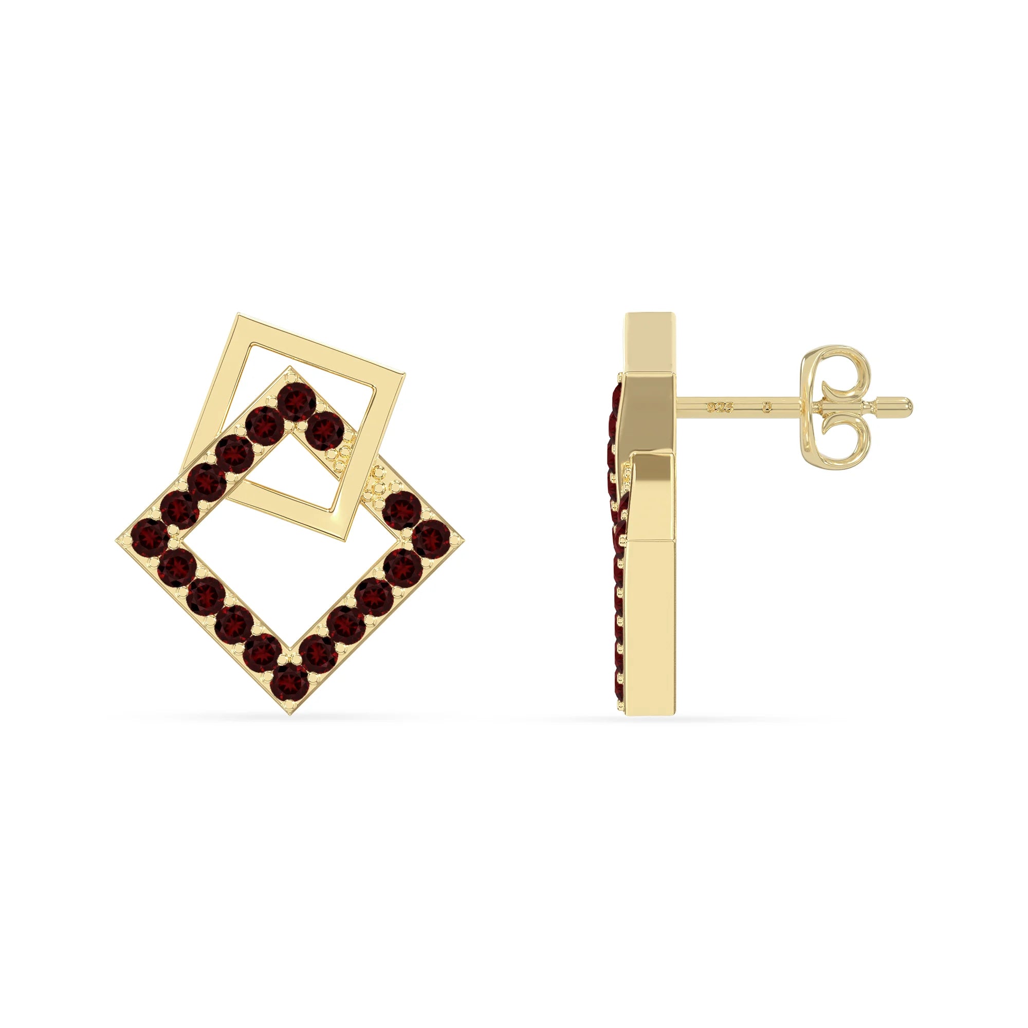 natural garnet square stud earrings in yellow gold vermeil 