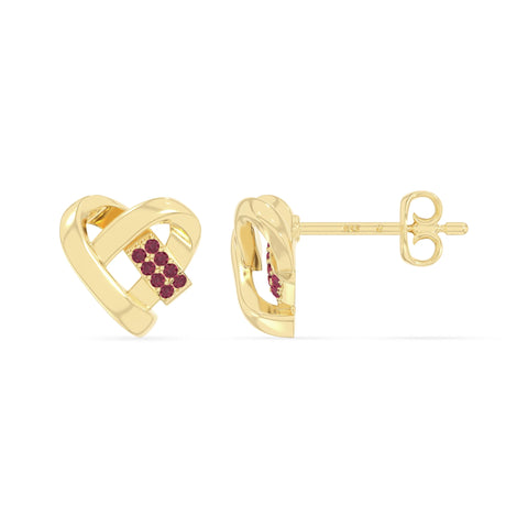 natural ruby ribbon-heart stud earrings in yellow gold vermeil 