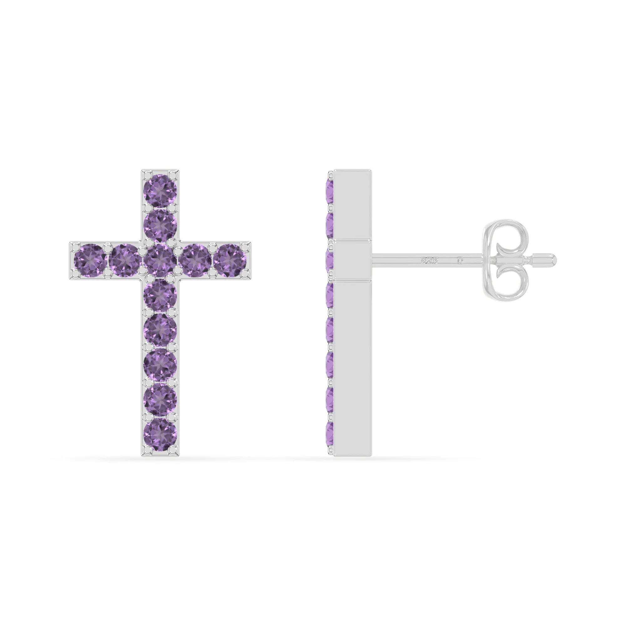 natural amethyst cross stud earrings in sterling silver 