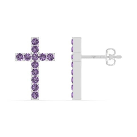 natural amethyst cross stud earrings in sterling silver 
