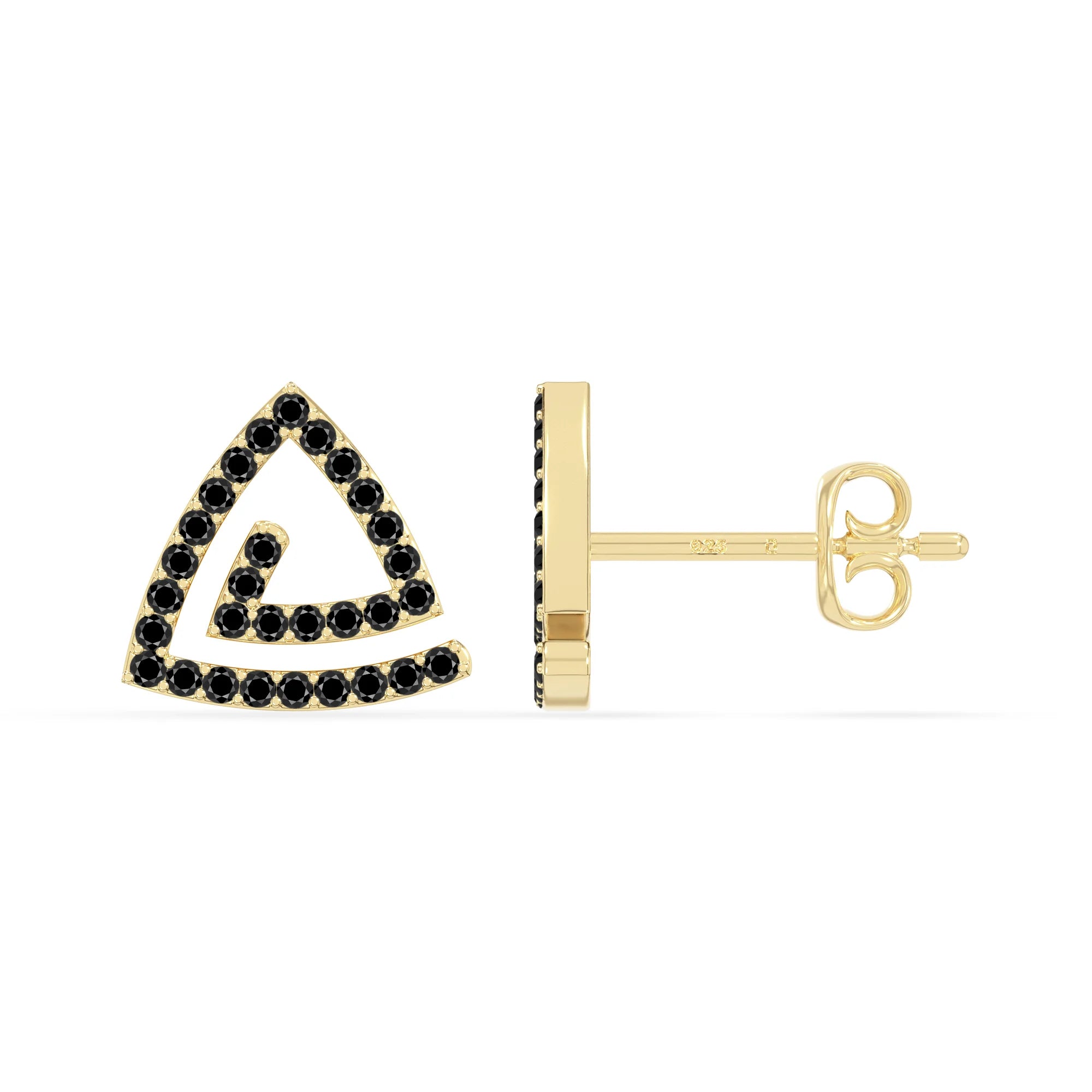 natural black-onyx triangle stud earrings in yellow gold vermeil 