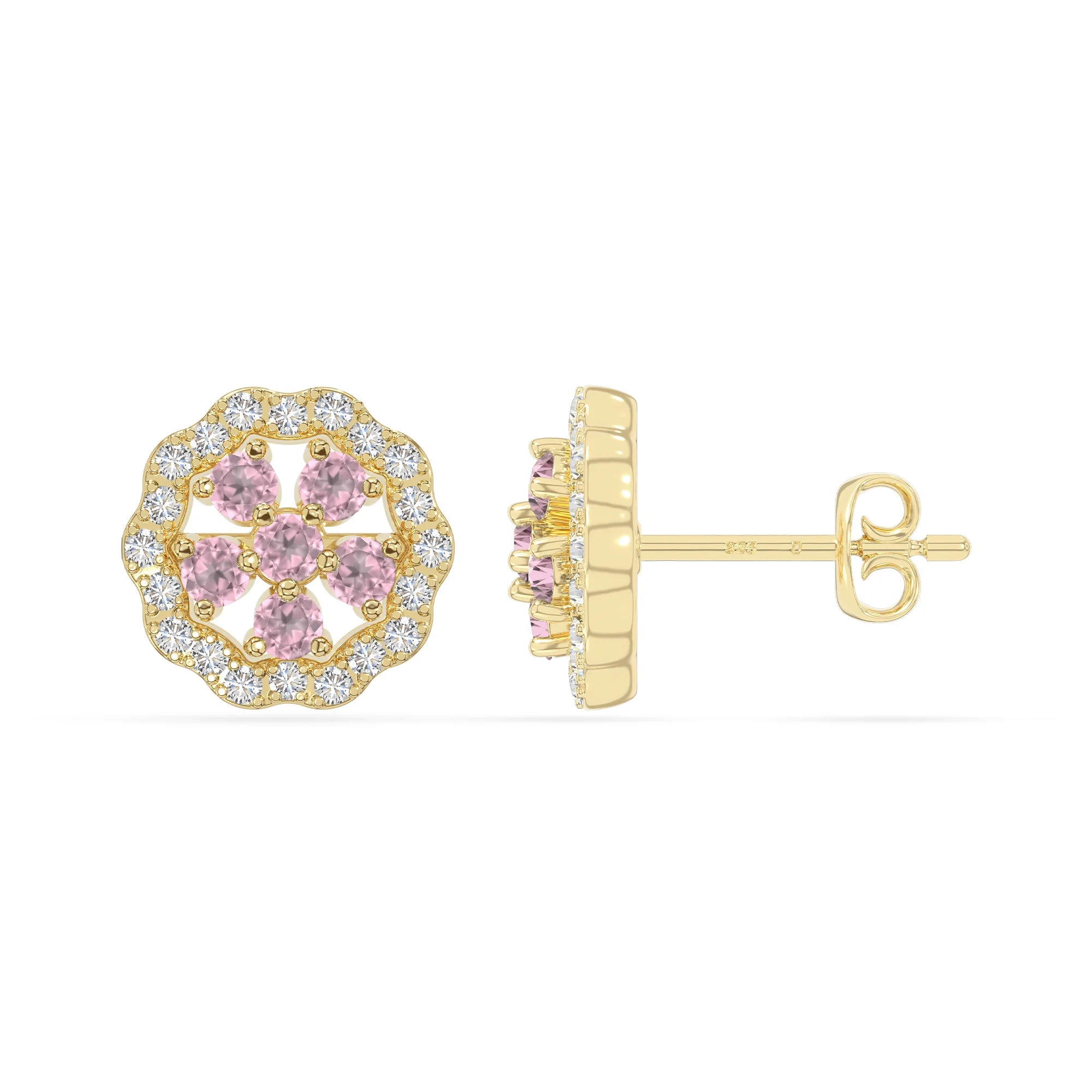 natural pink-tourmaline flower stud earrings in yellow gold vermeil 