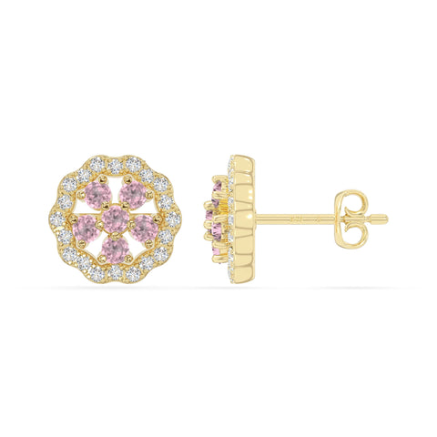 natural pink-tourmaline flower stud earrings in yellow gold vermeil 