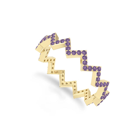 natural amethyst zig-zag wedding band rings in yellow gold vermeil