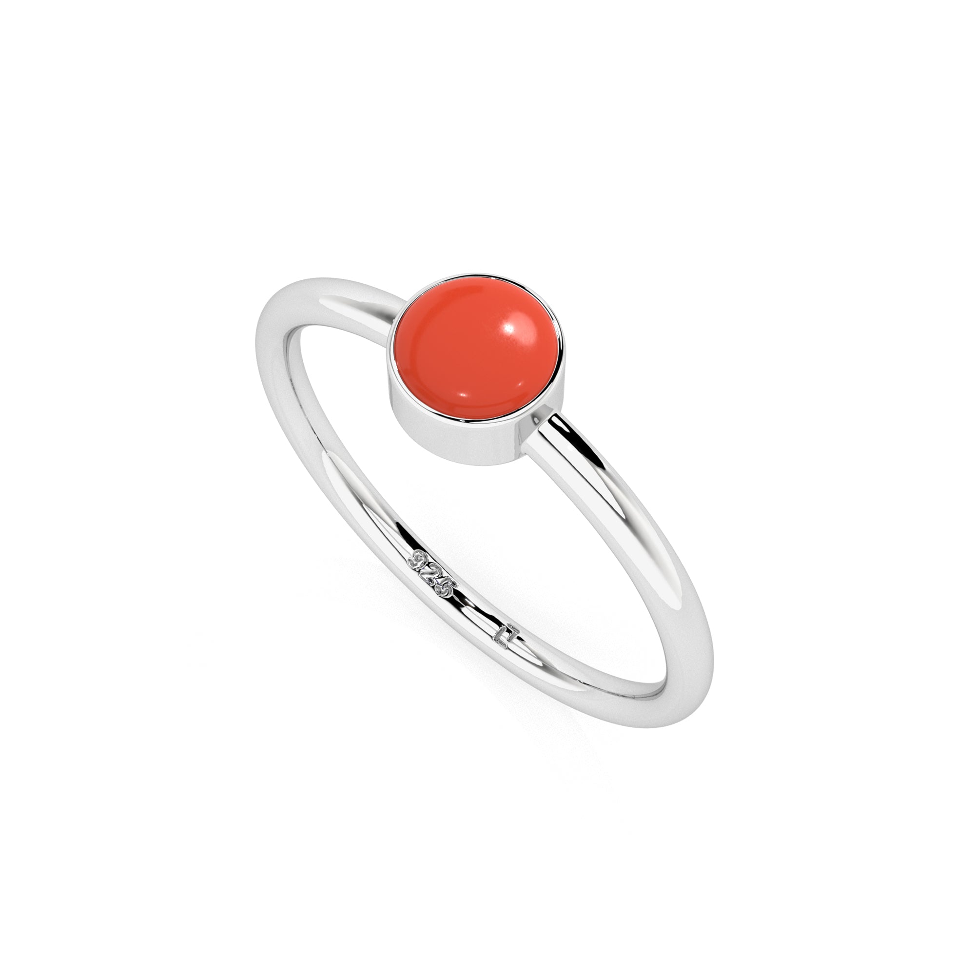 red coral round cab stackable bezel-set ring