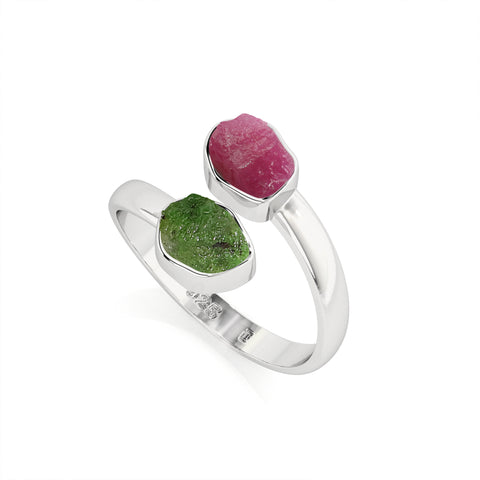 emerald-ruby rough shape stackable bezel-set ring