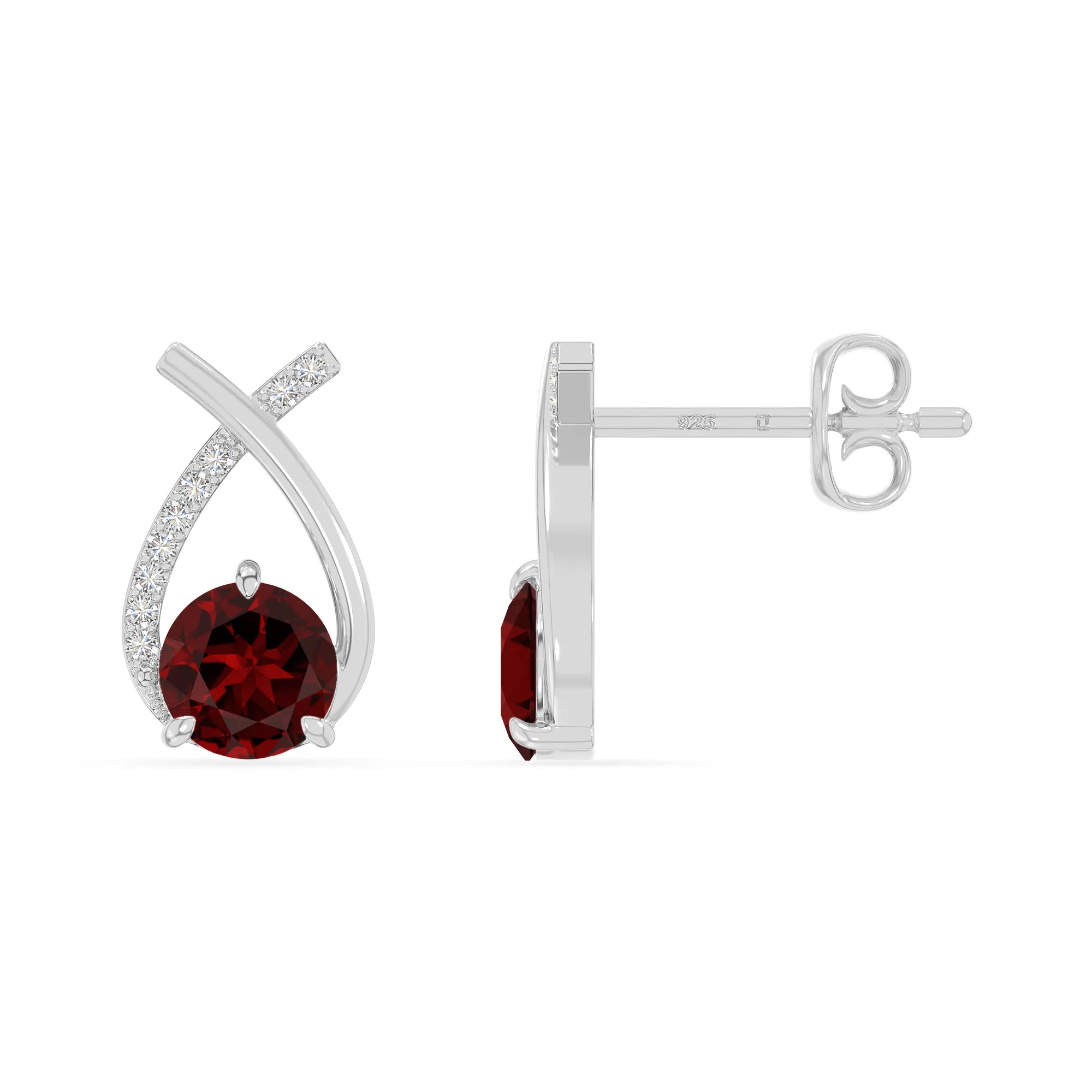 natural garnet fishtail stud earrings in sterling silver 