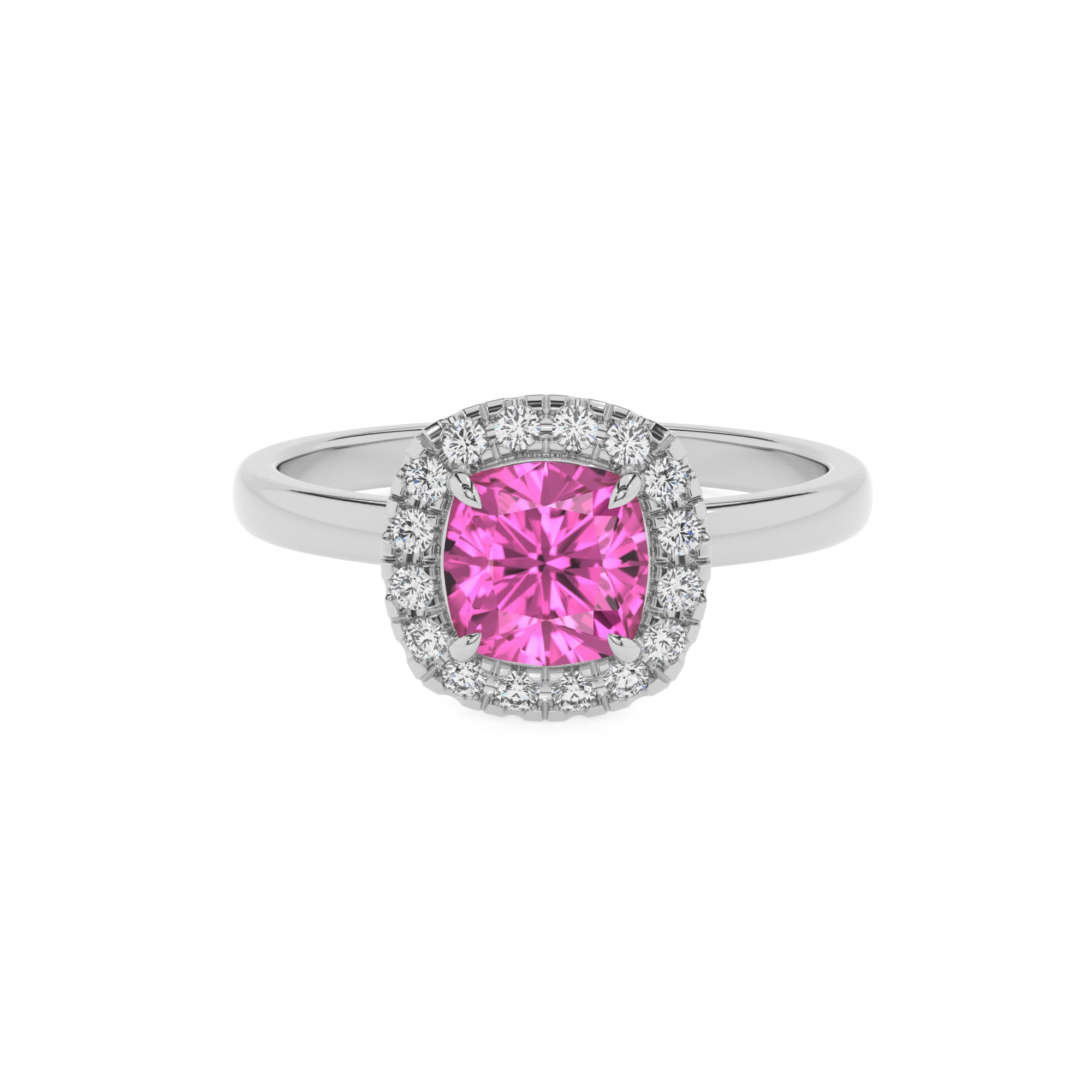 lab-grown pink-sapphire cushion halo solitaire engagement ring