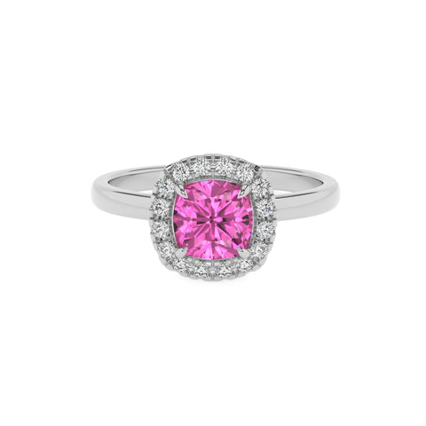 lab-grown pink-sapphire cushion halo solitaire engagement ring