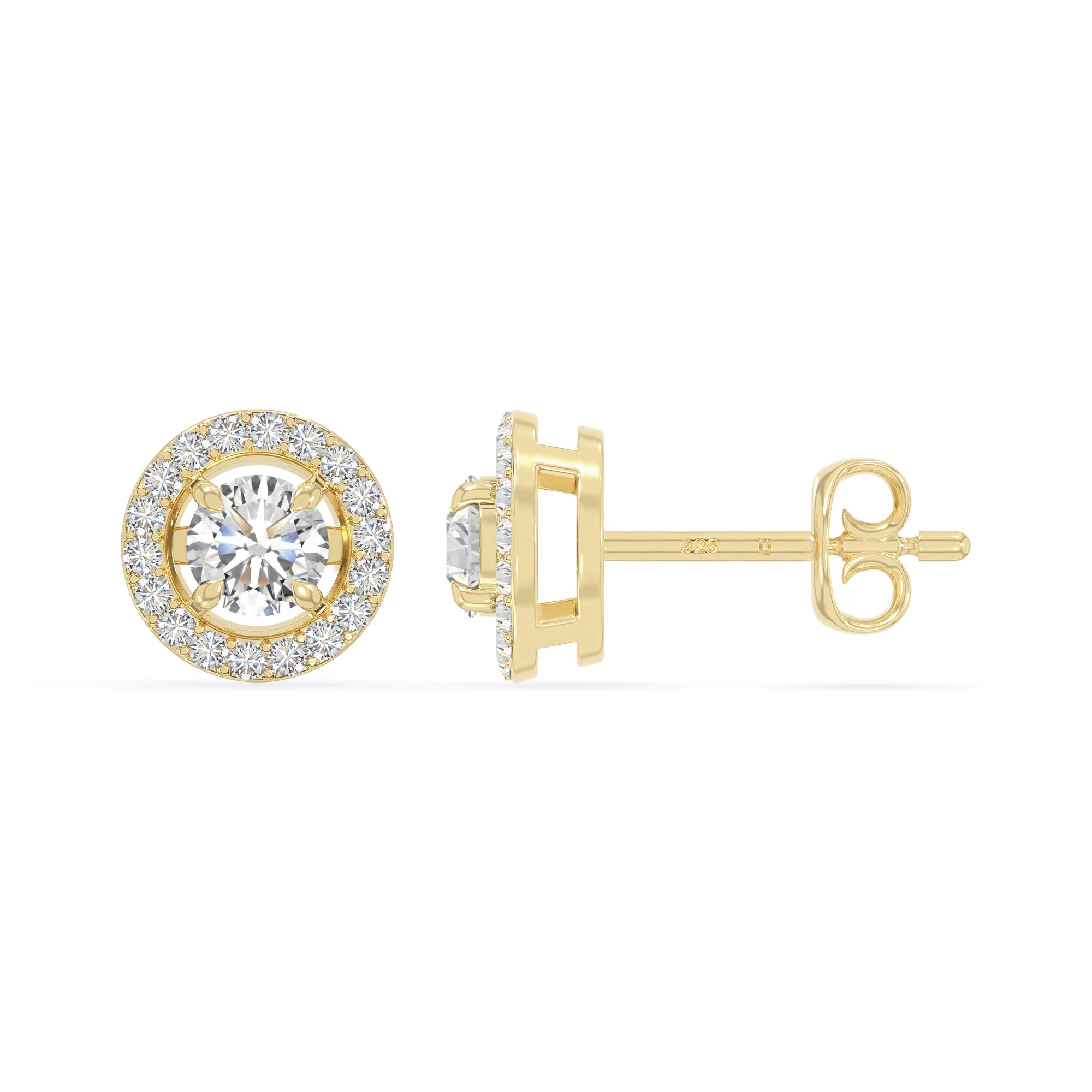moissanite halo stud earrings in yellow gold vermeil 
