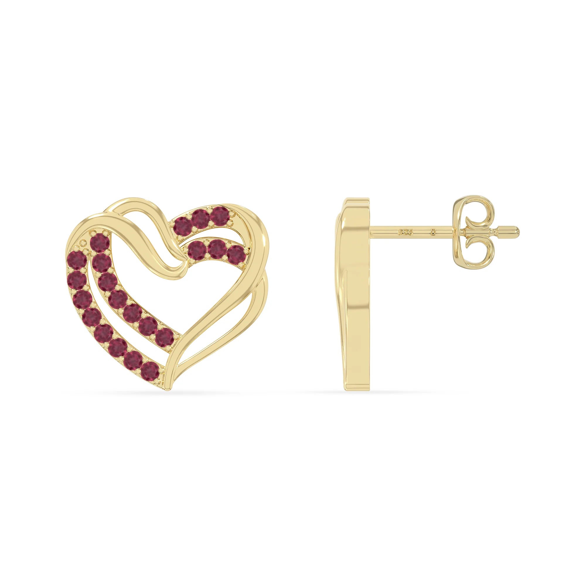 natural ruby heart-in-heart stud earrings in yellow gold vermeil 