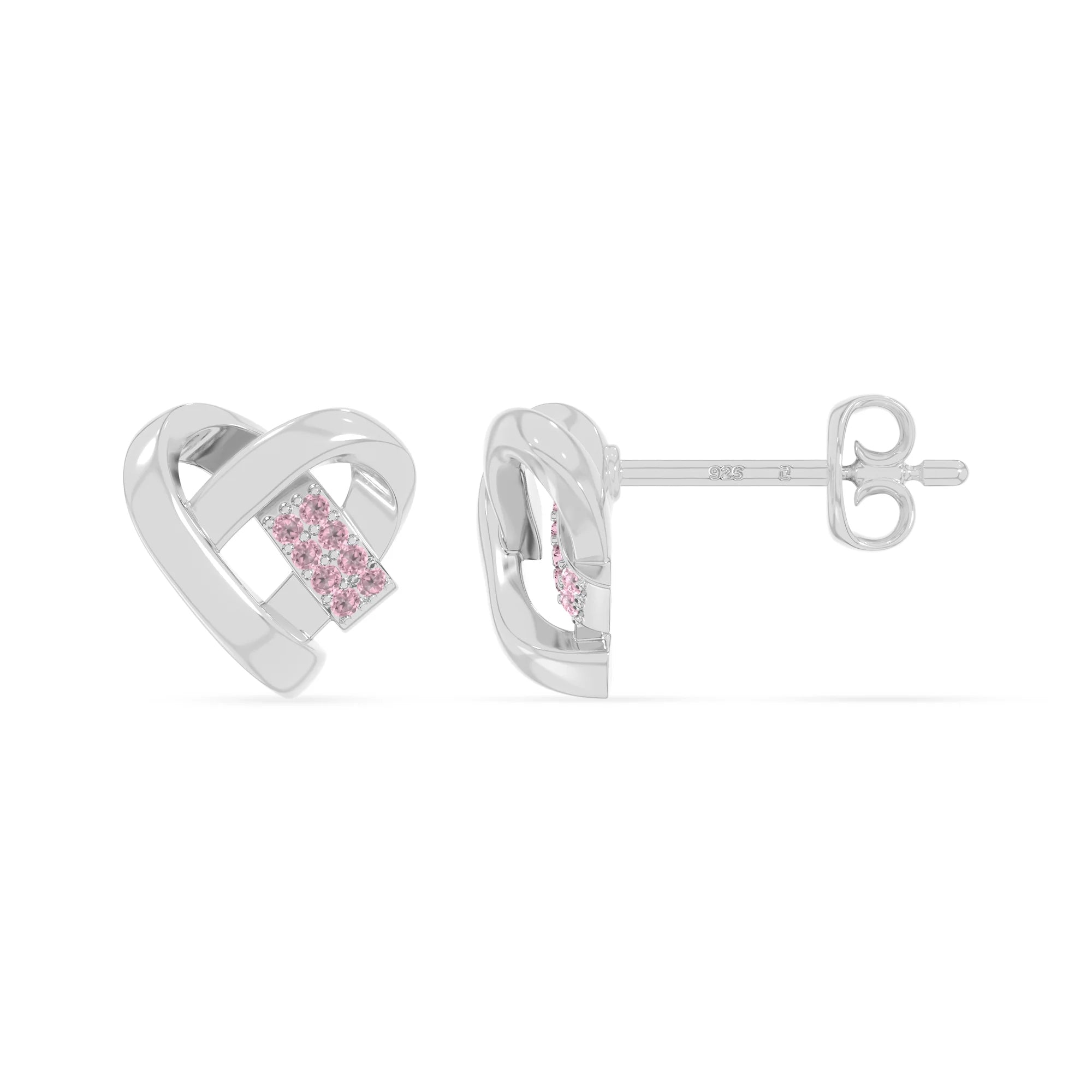 natural pink-tourmaline ribbon-heart stud earrings in sterling silver 