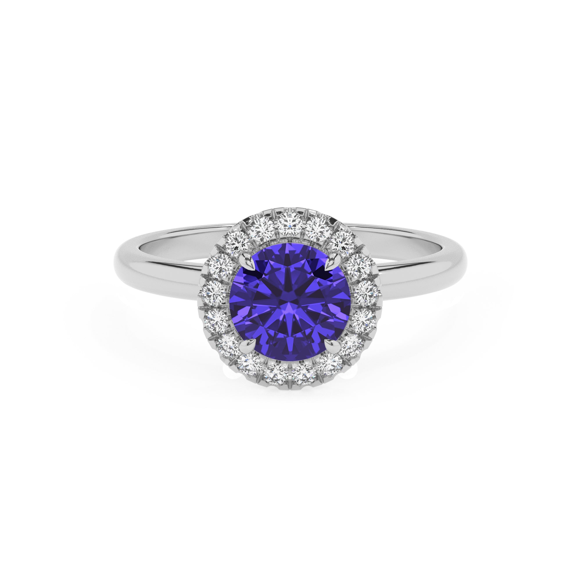 lab-grown tanzanite round halo solitaire engagement ring