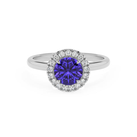 lab-grown tanzanite round halo solitaire engagement ring