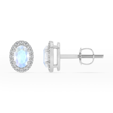 natural rainbow moonstone oval stud earrings with moissanite 