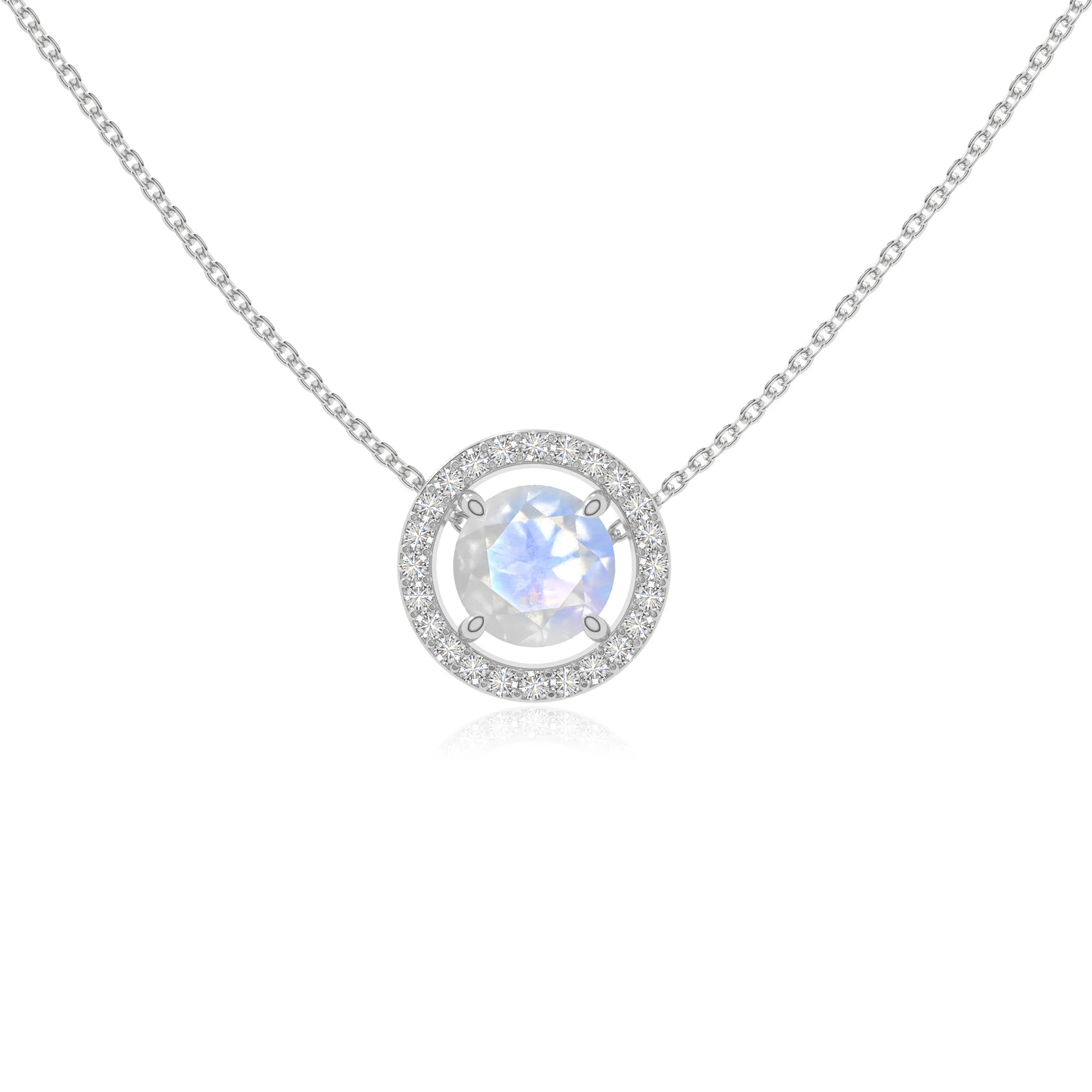 rainbow moonstone solitaire halo necklaces in sterling silver 