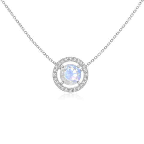 rainbow moonstone solitaire halo necklaces in sterling silver 