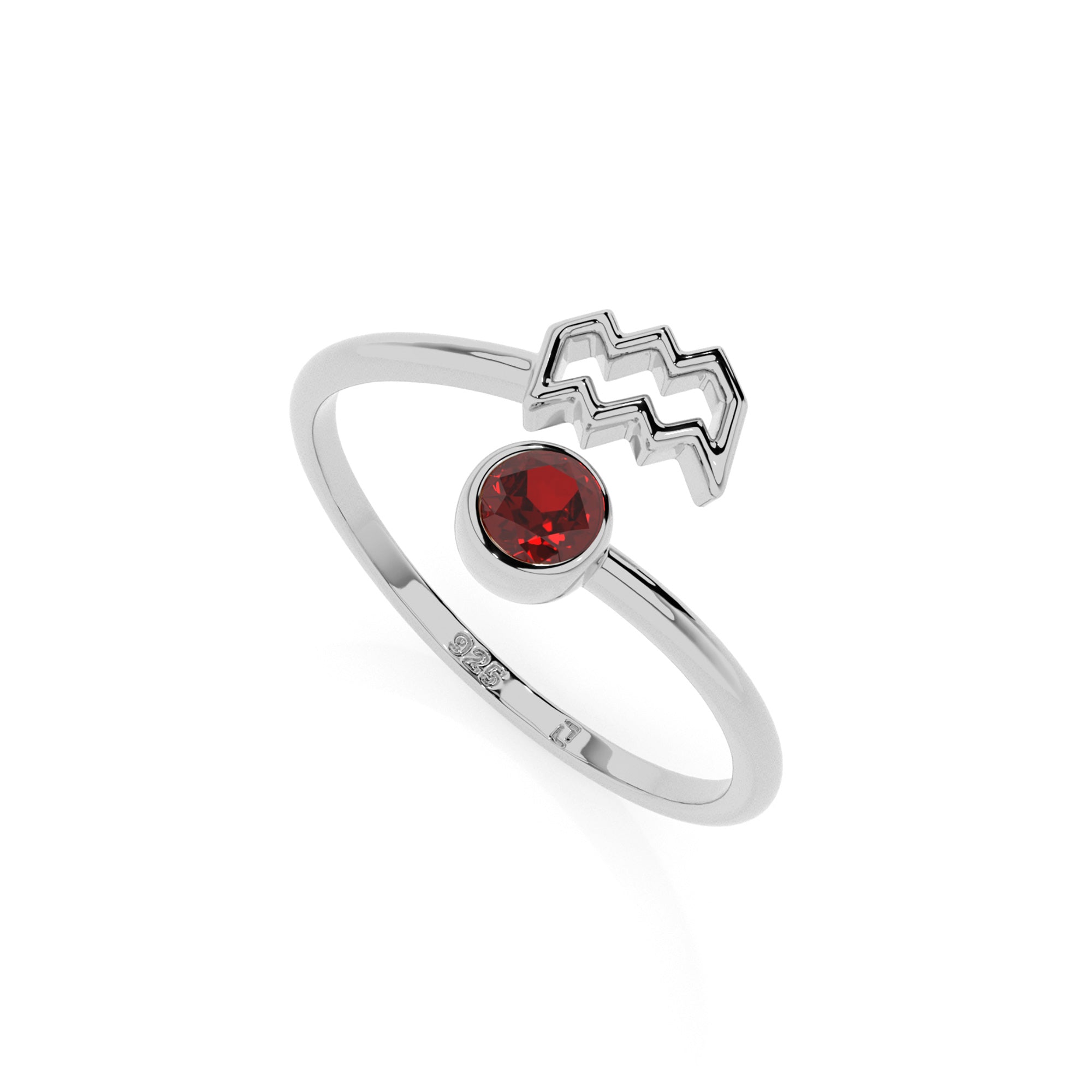 aquarius zodiac ring with natural red garnet