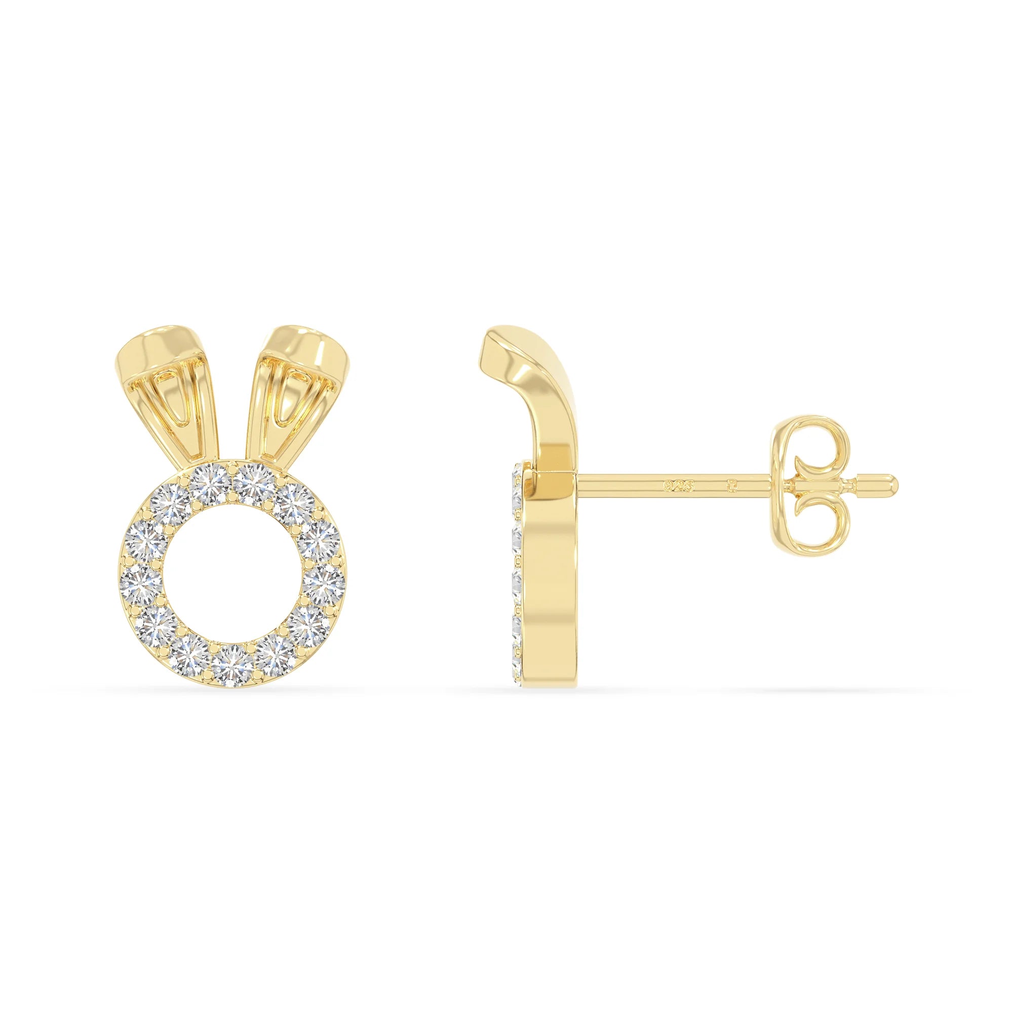 moissanite bunny-rabit stud earrings in yellow gold vermeil 