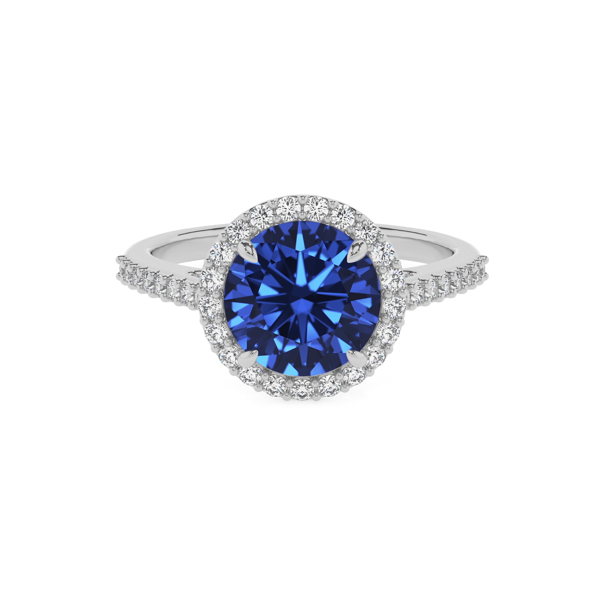 lab-grown blue-sapphire round half eterity halo solitaire engagement ring