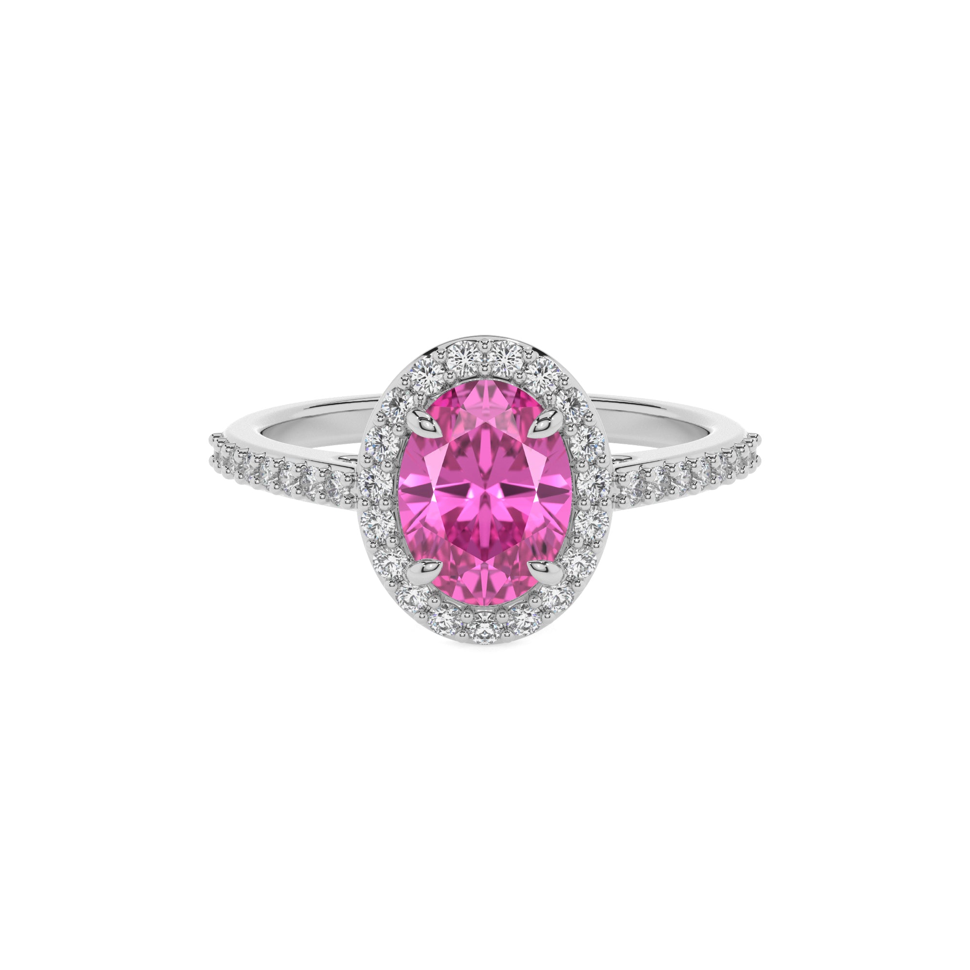 lab-grown pink-sapphire oval half eterity halo solitaire engagement ring