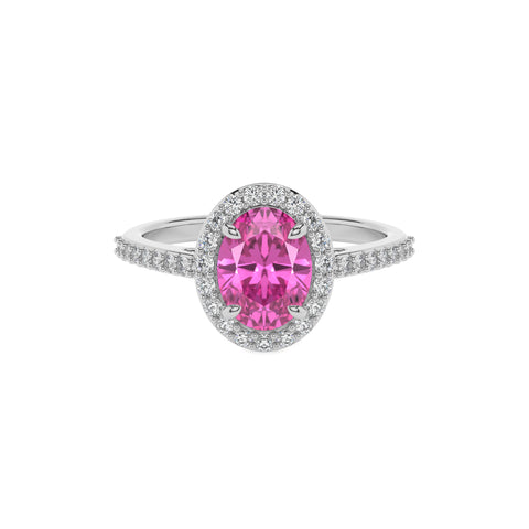 lab-grown pink-sapphire oval half eterity halo solitaire engagement ring