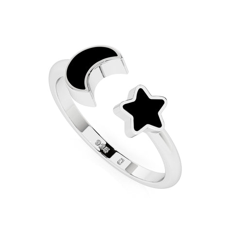 black tourmaline moon, star shape stackable bezel-set ring