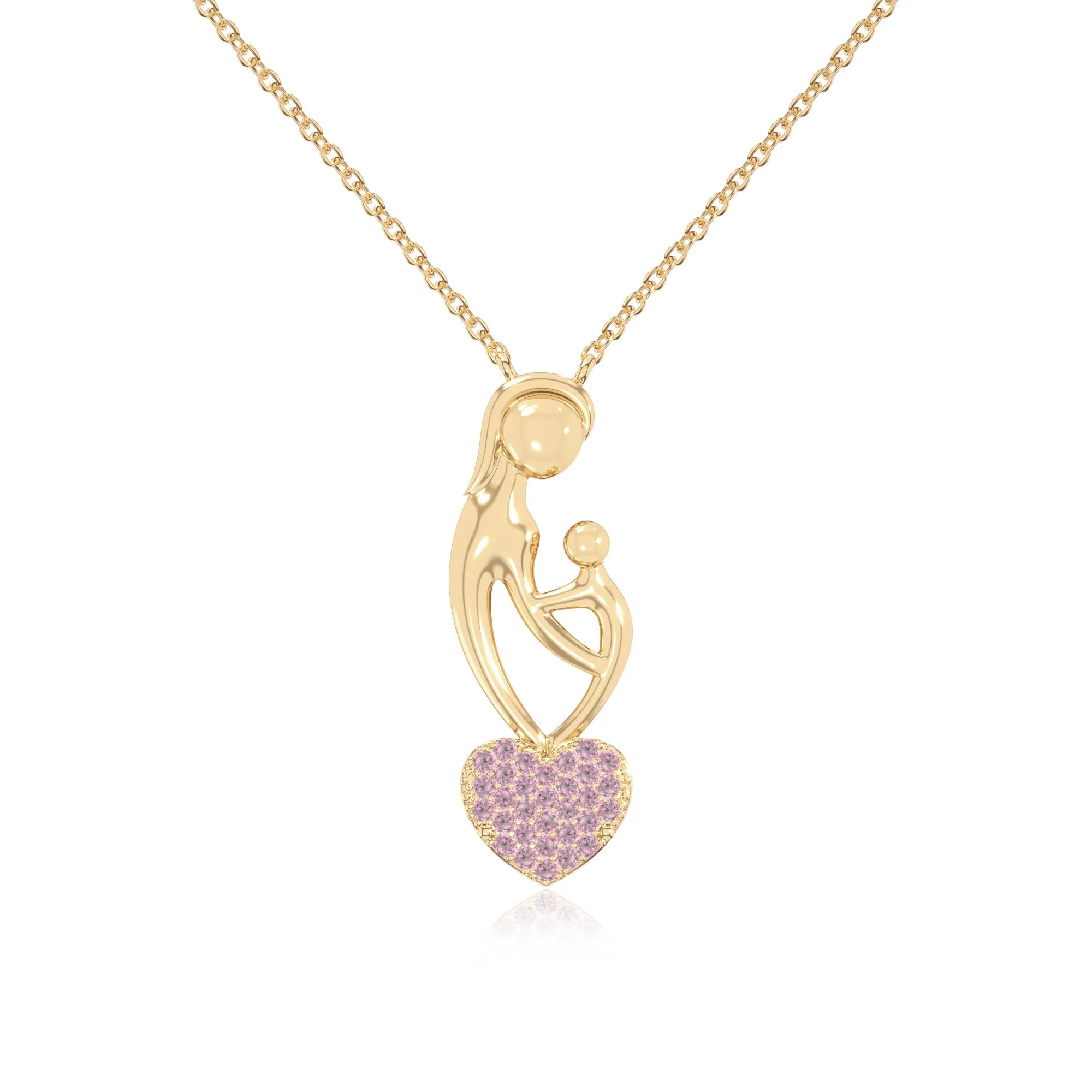 natural pink-tourmaline mother child heart necklaces in yellow gold vermeil 