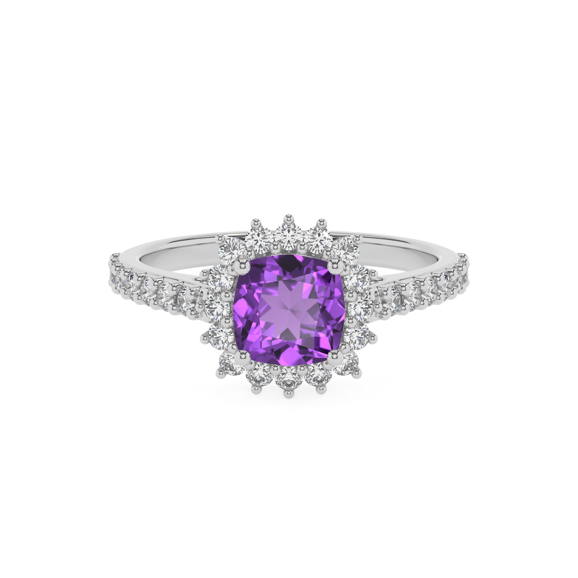 lab grown amethyst cushion half eterity halo solitaire engagement ring