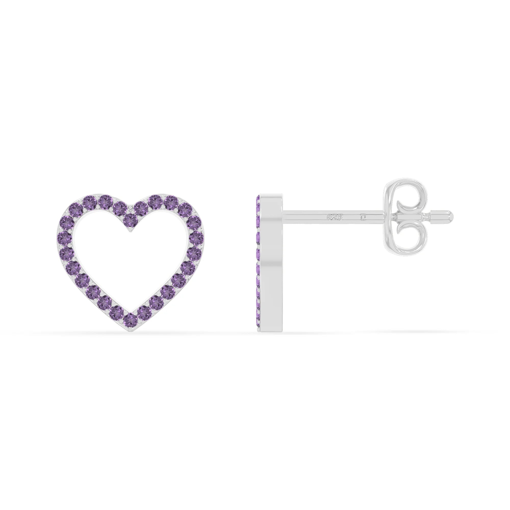 natural amethyst heart stud earrings in sterling silver 
