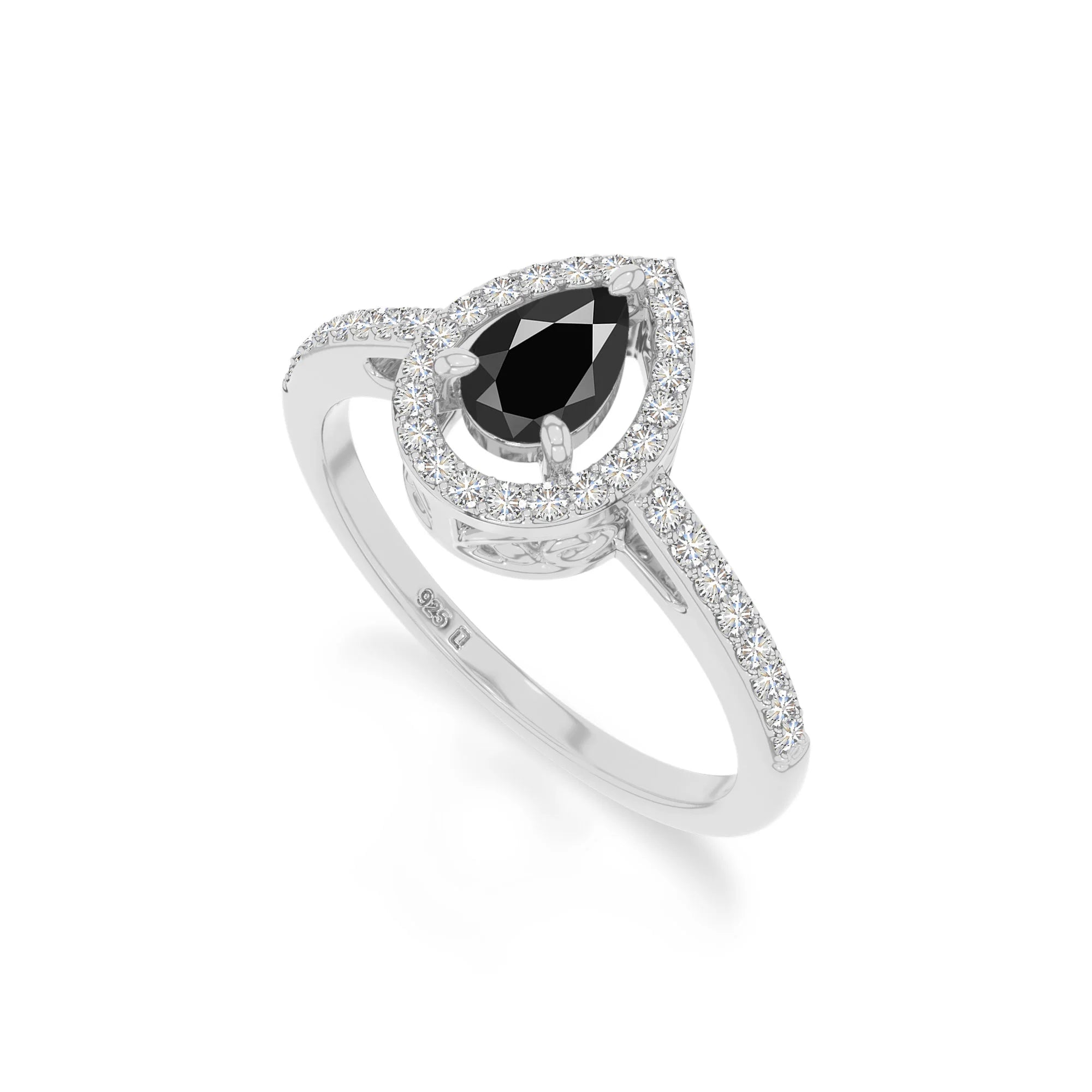natural black onyx solitaire halo engagement rings in sterling silver 