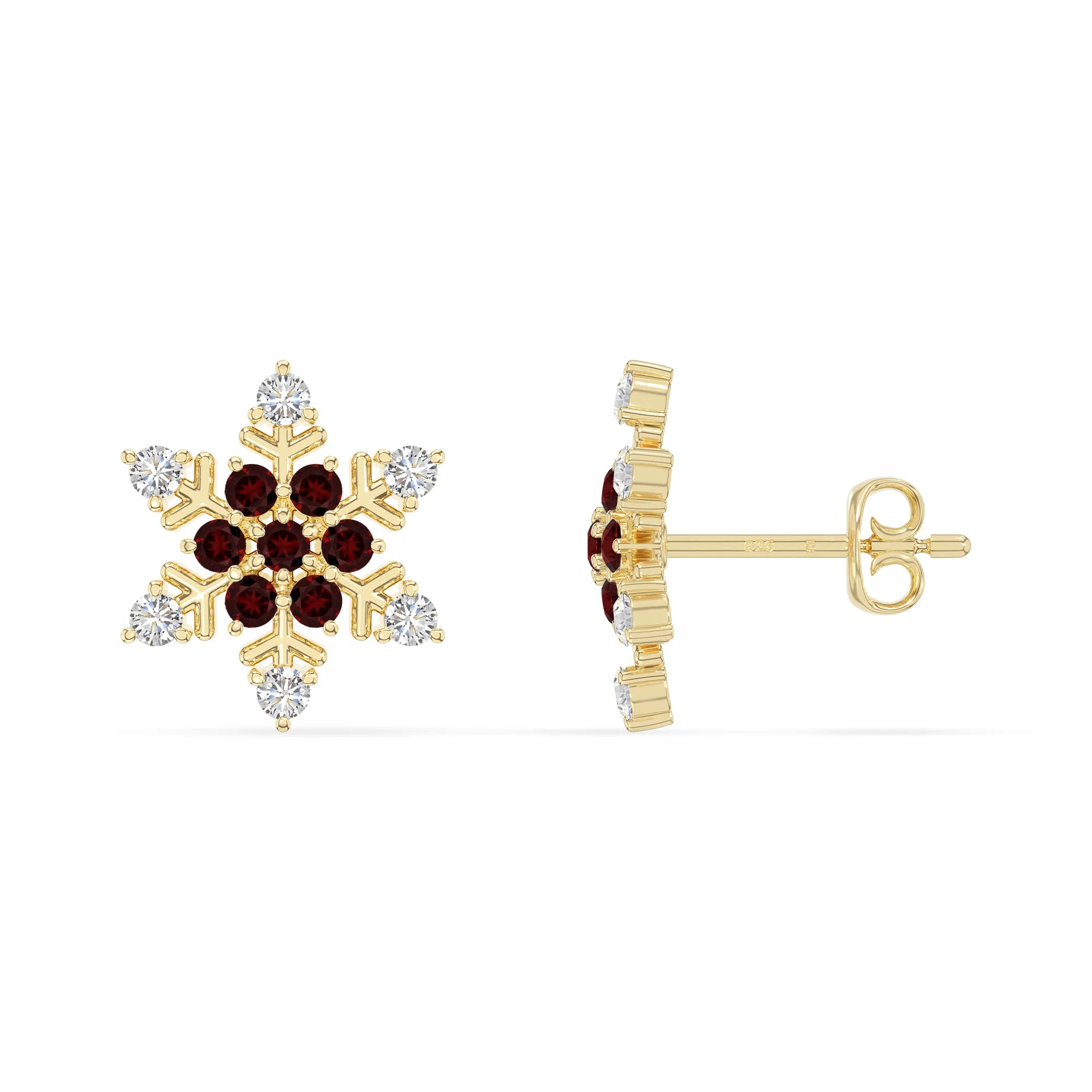 natural garnet snowflake stud earrings in yellow gold vermeil 
