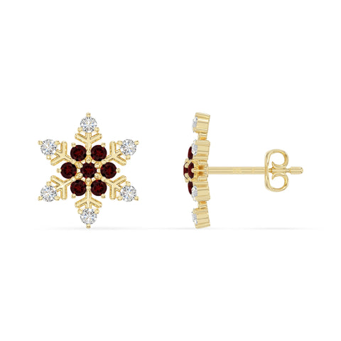 natural garnet snowflake stud earrings in yellow gold vermeil 