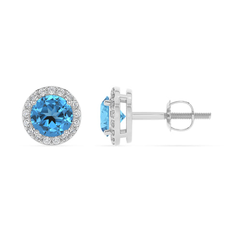 natural swiss blue topaz round stud earrings with moissanite 