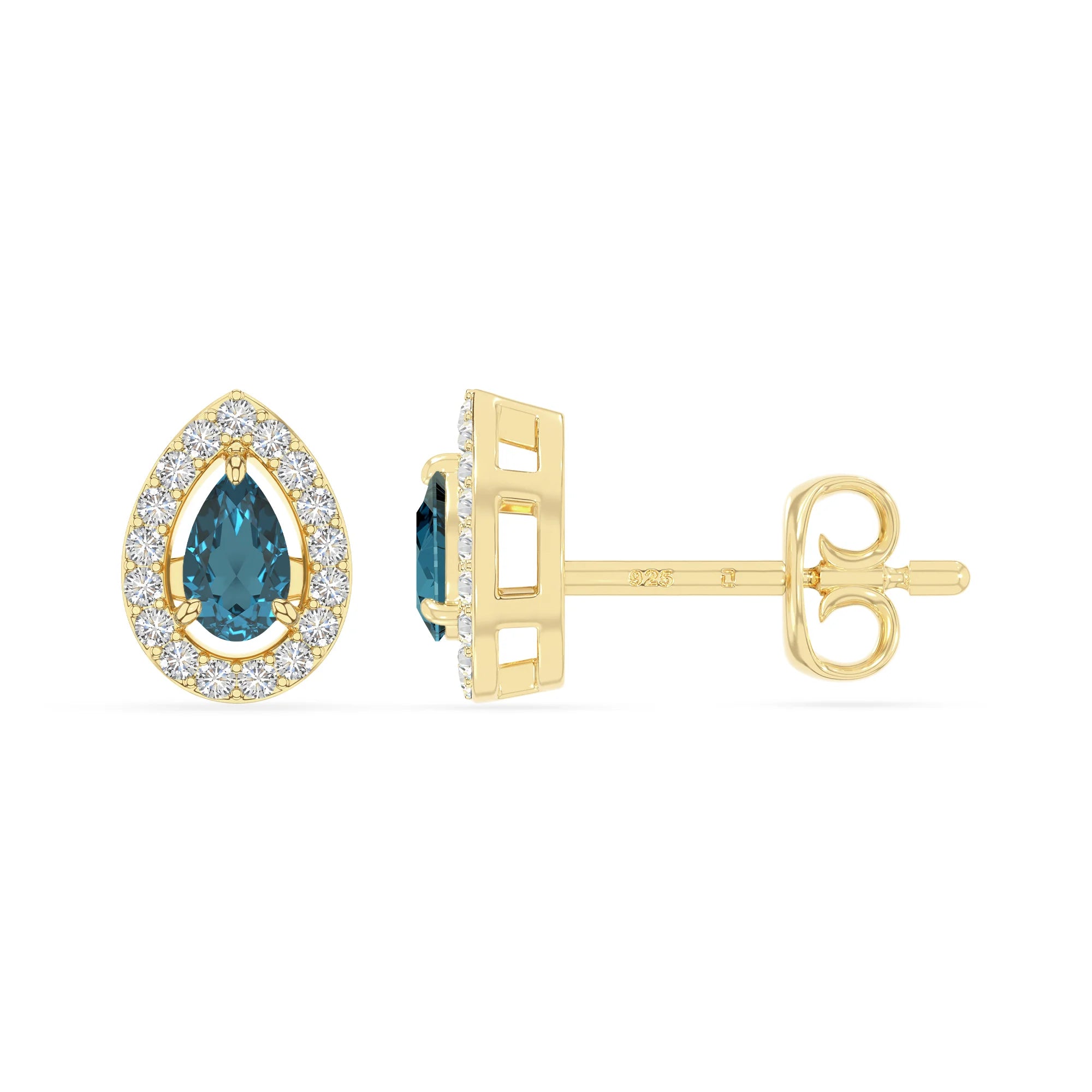 natural london-blue-topaz halo stud earrings in yellow gold vermeil 