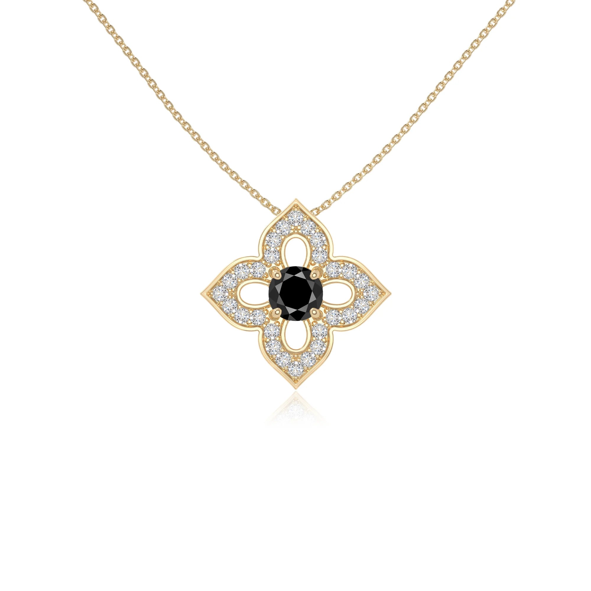 natural black-onyx 4 petal flower necklaces in yellow gold vermeil 