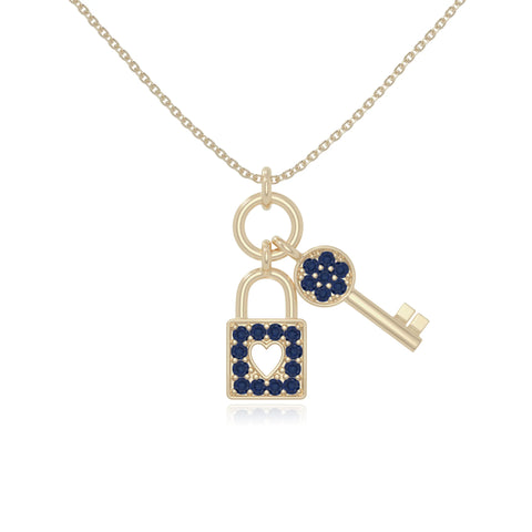 natural blue-sapphire lock & key necklaces in yellow gold vermeil 