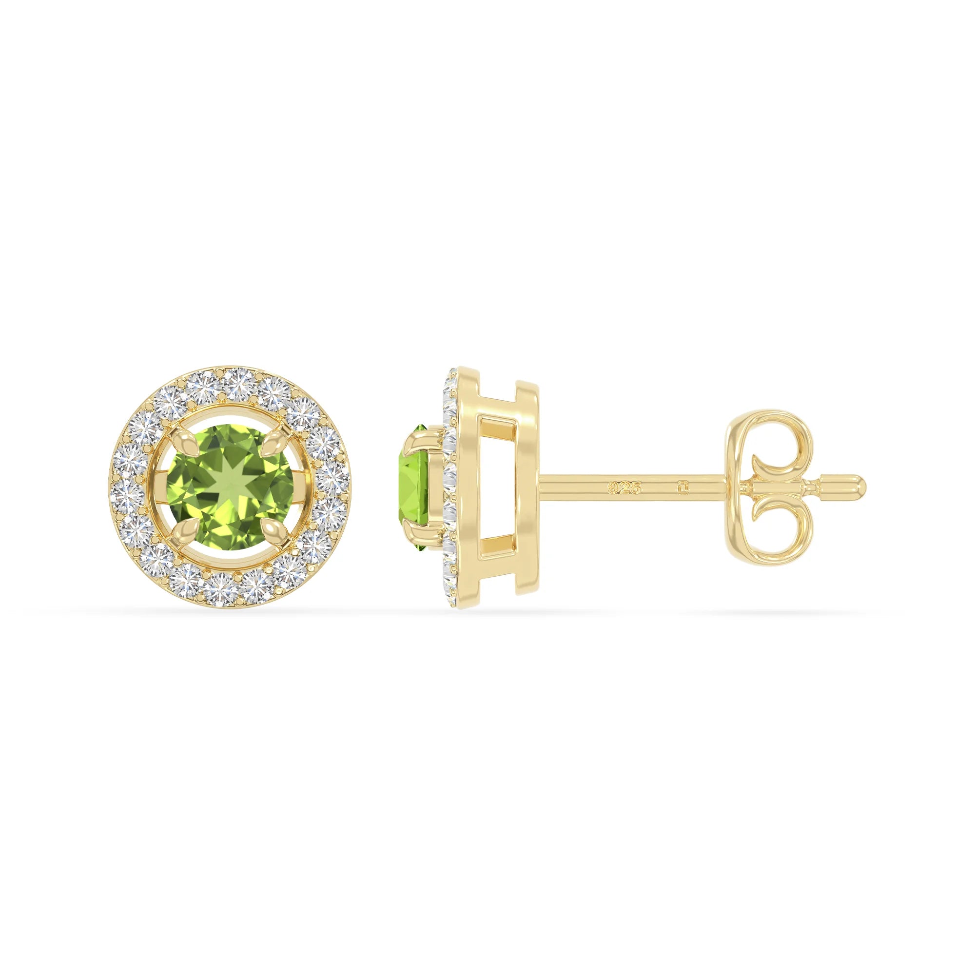 natural peridot halo stud earrings in yellow gold vermeil 