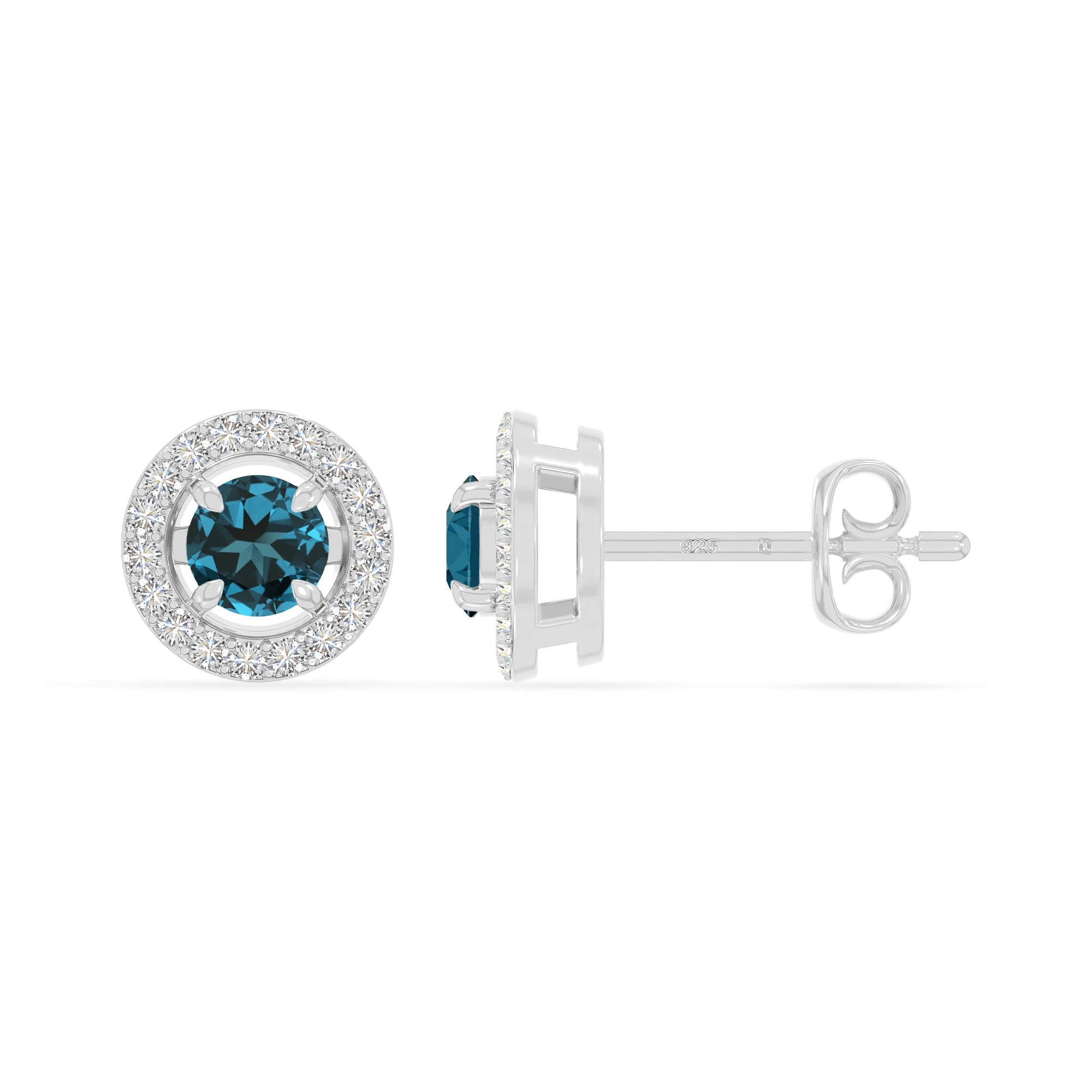 natural london-blue-topaz halo stud earrings in sterling silver 