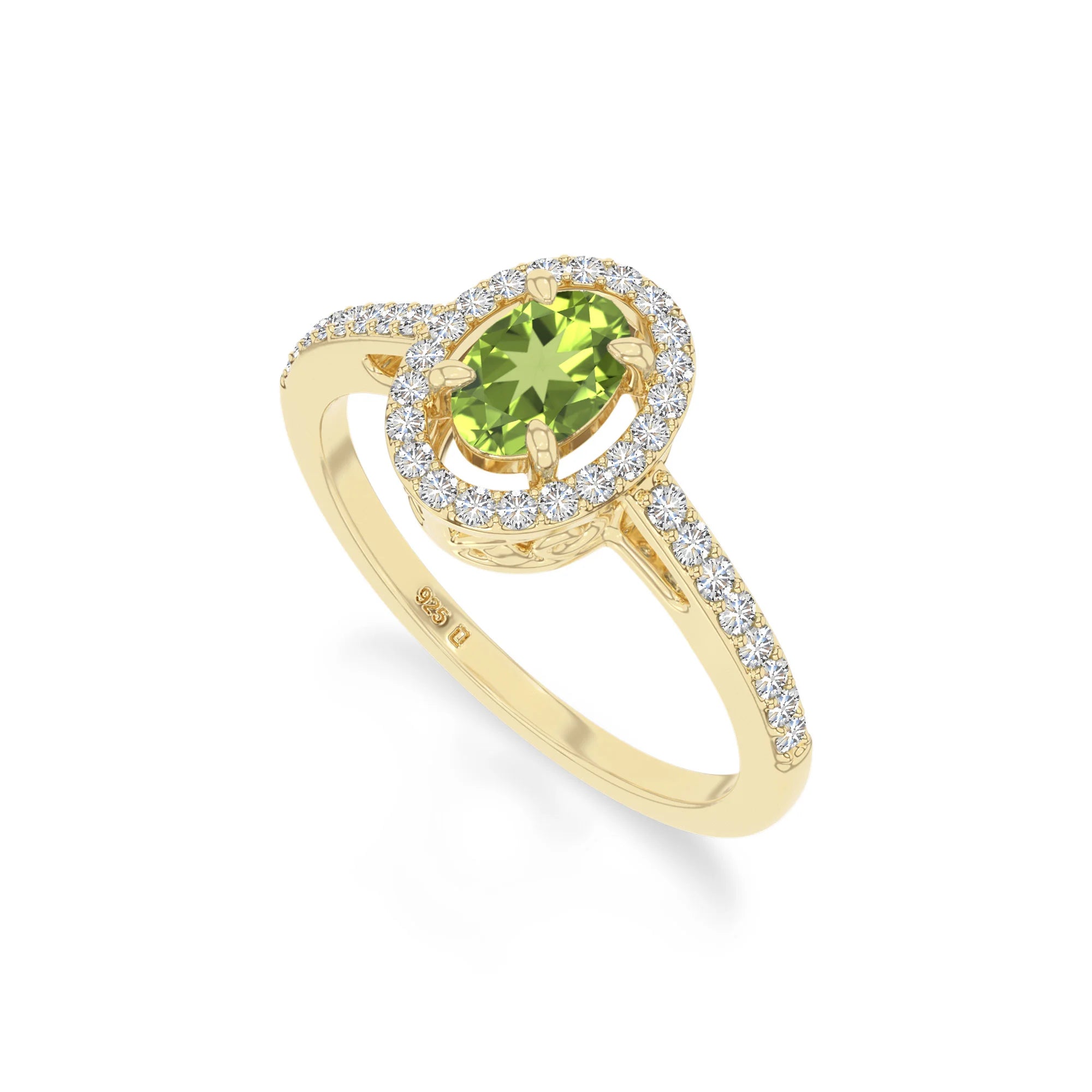 natural peridot solitaire halo engagement rings in yellow gold vermeil