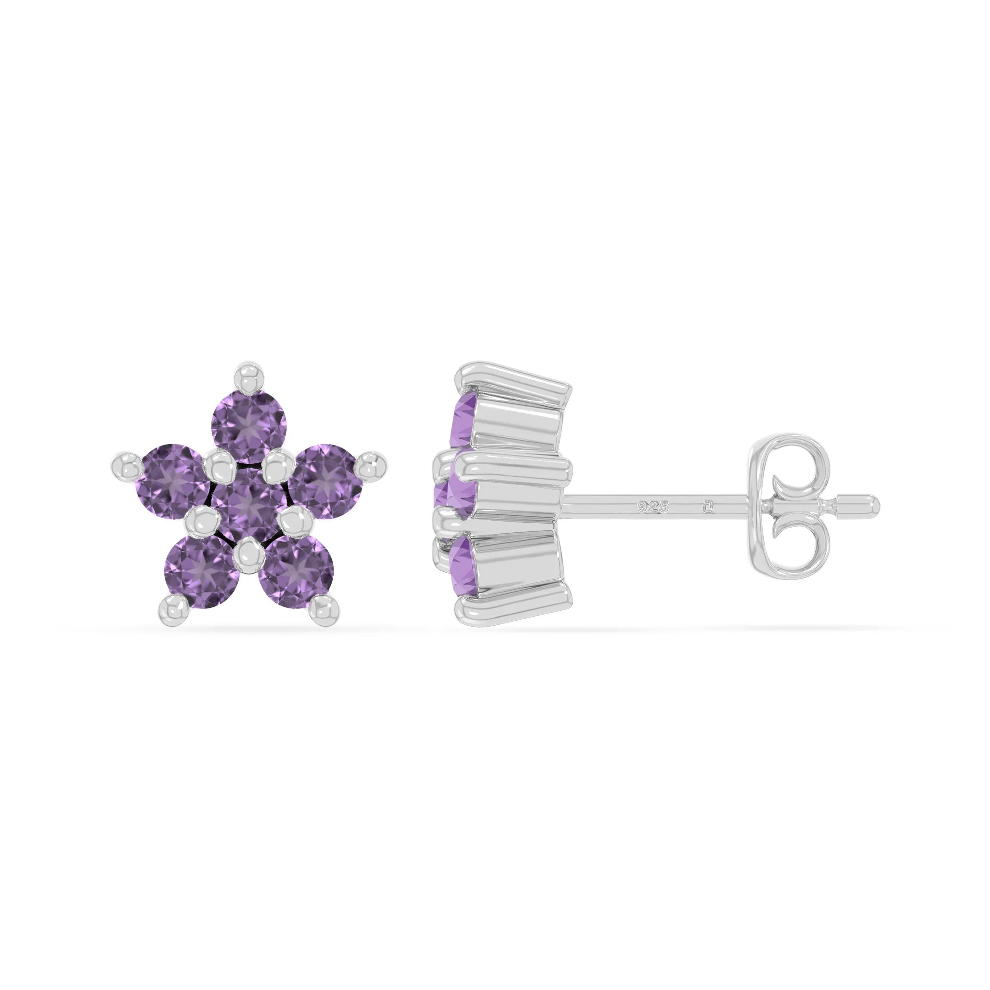 natural amethyst flower stud earrings in sterling silver 