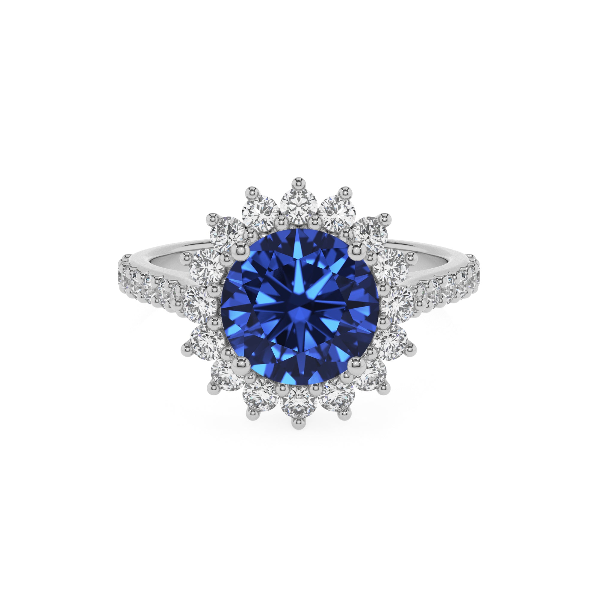 lab-grown blue-sapphire round half eterity halo solitaire engagement ring