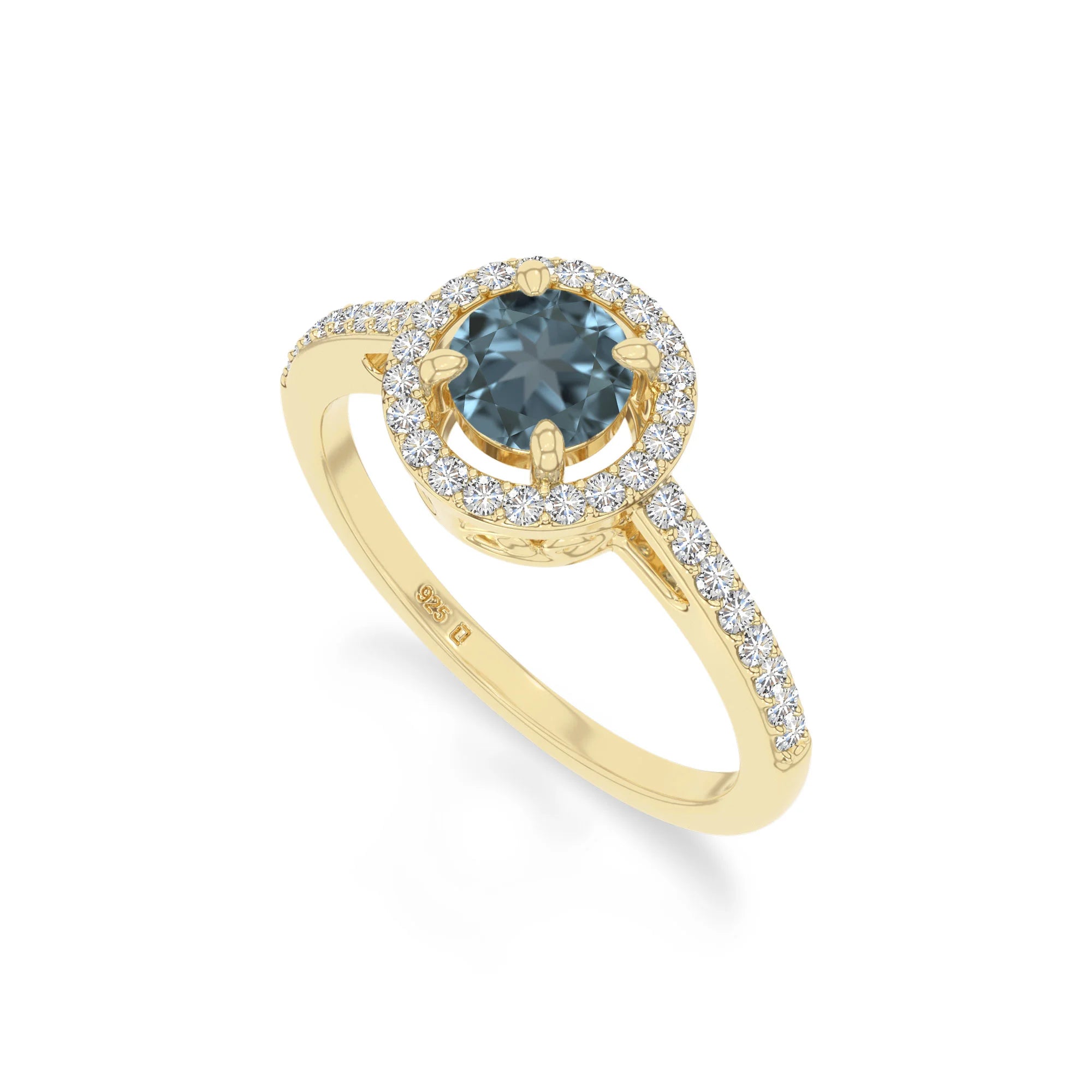 natural london blue topaz solitaire halo engagement rings in yellow gold vermeil
