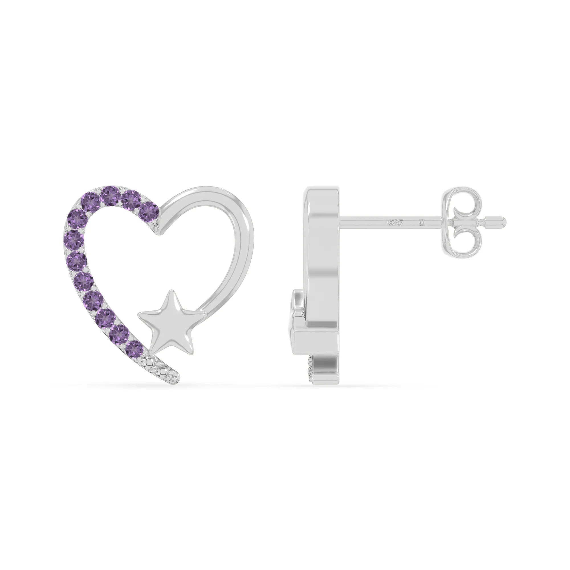 natural amethyst heart-star stud earrings in sterling silver 