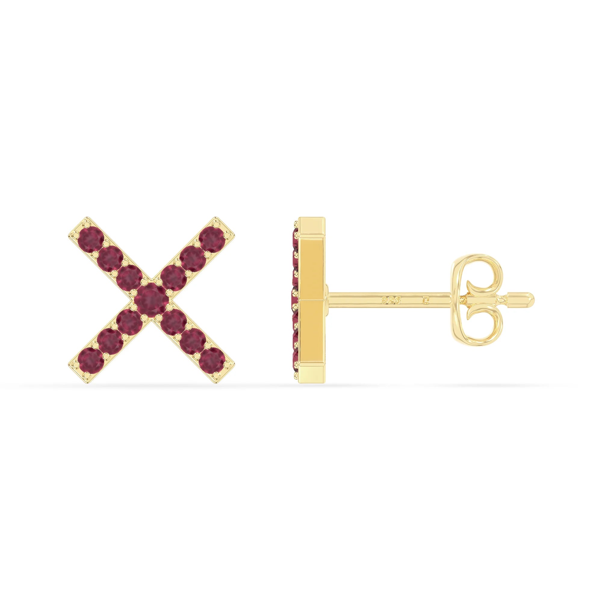 natural ruby x stud earrings in yellow gold vermeil 