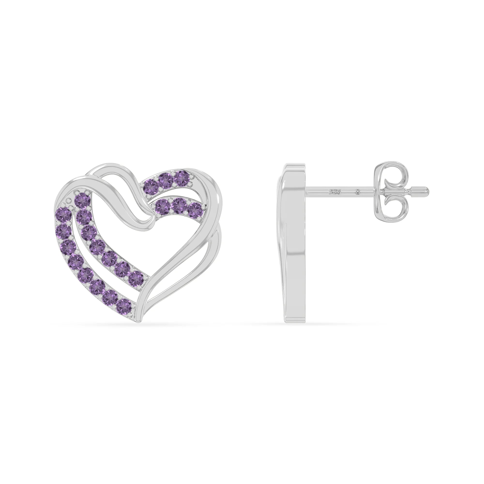 natural amethyst heart-in-heart stud earrings in sterling silver 