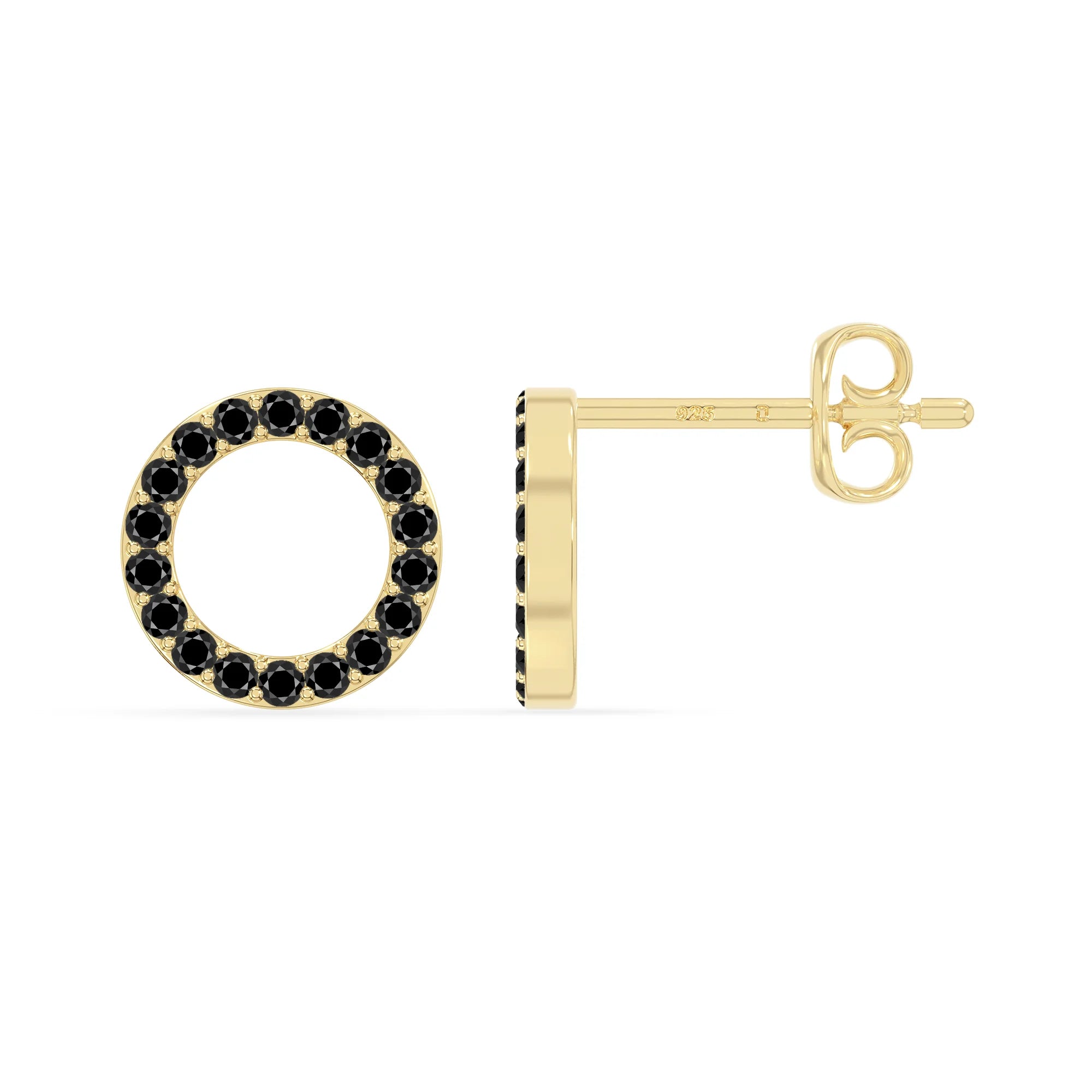 natural black-onyx circle stud earrings in yellow gold vermeil 