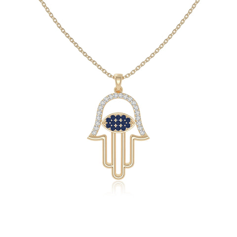 natural blue-sapphire evil eye hamsa hand necklaces in yellow gold vermeil 