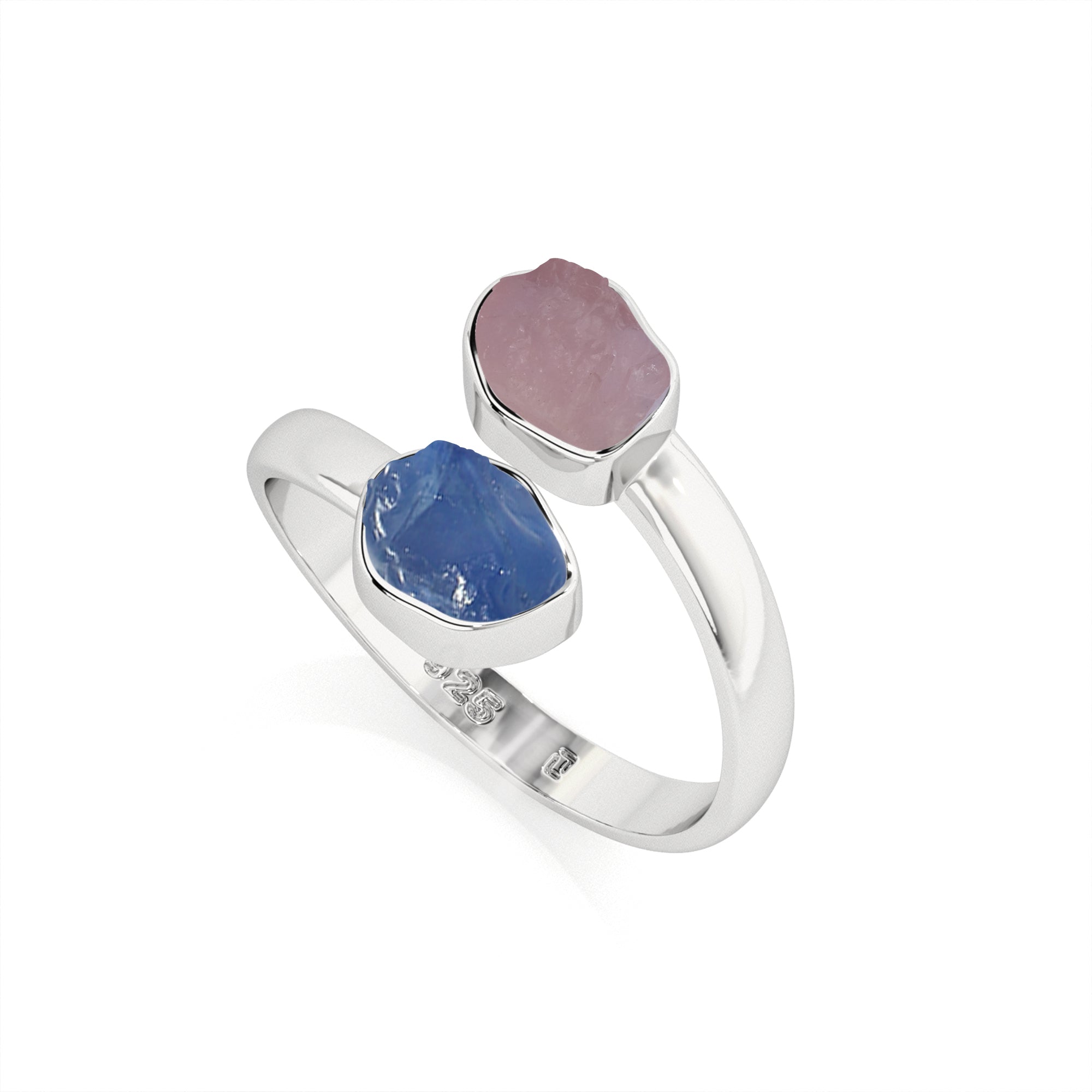 blue-sapphire-morganite rough shape stackable bezel-set ring