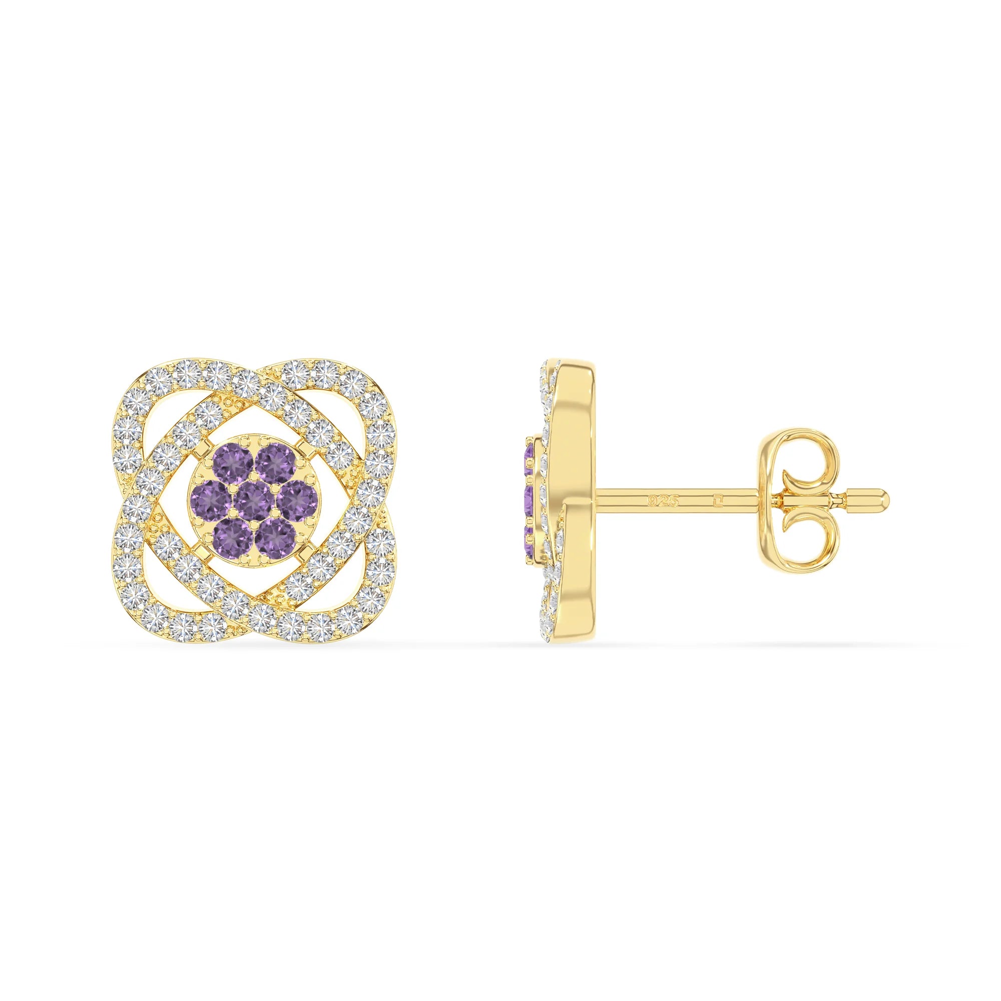 natural amethyst inner power stud earrings in yellow gold vermeil 